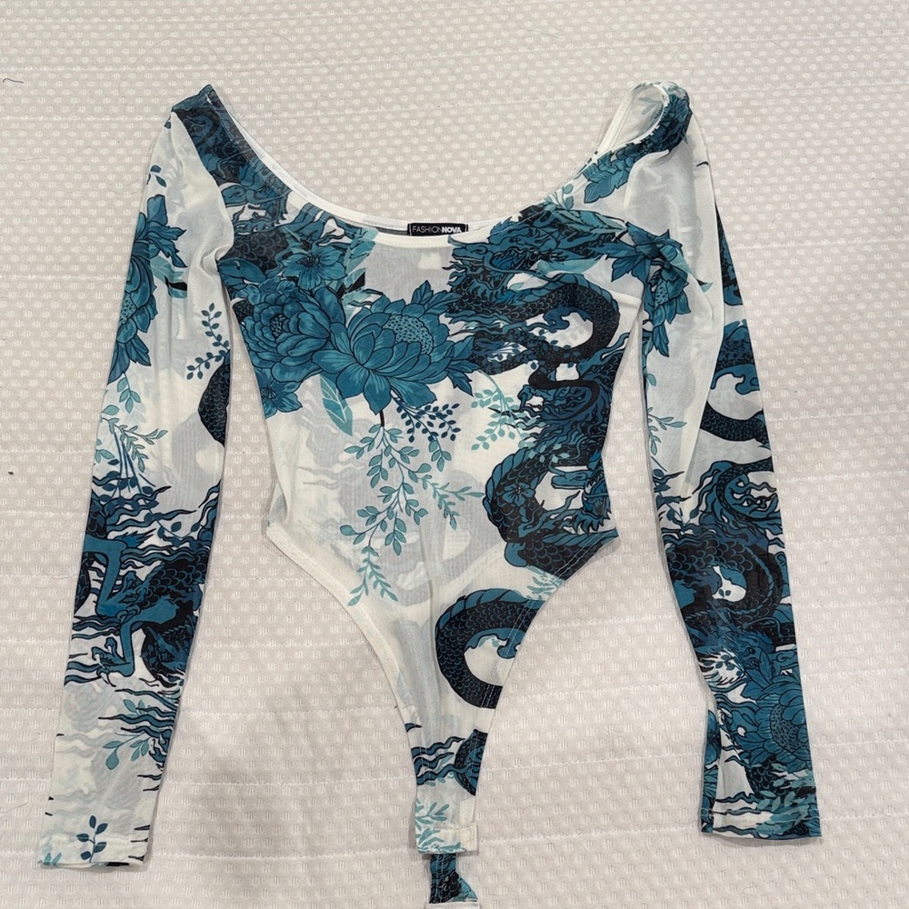 Fashion Nova Teal and Black Floral Bodysuit